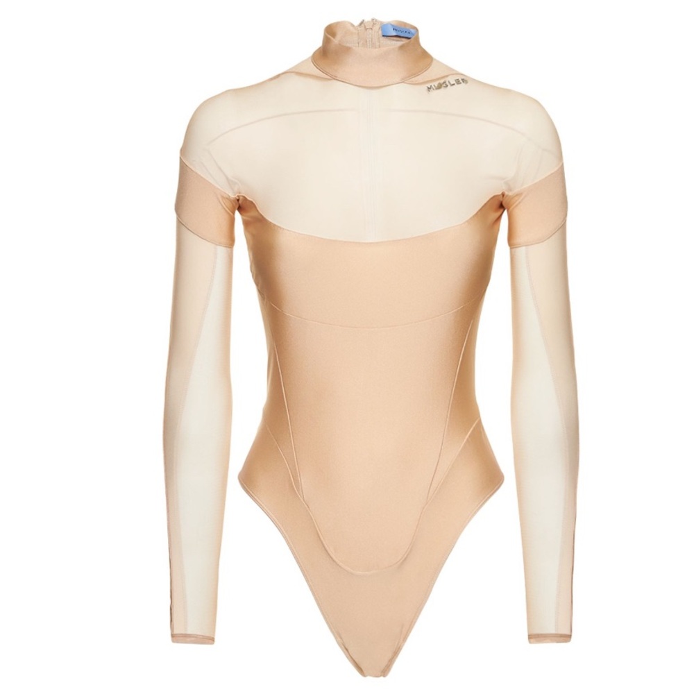 Mugler Mesh Turtleneck Bodysuit in Powder / Nude Beige Size 38